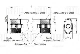 Глушитель универсальный (овальный) 97х171, L=330, d=42 (алюминизированная сталь) - EMM 3501 - 1