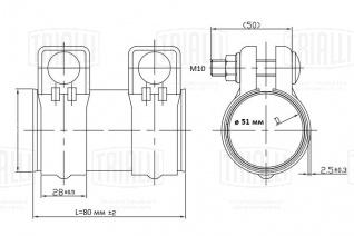 Хомут глушителя трубчатый с муфтой D=51 мм L=80 мм (нержавеющая сталь 304 SS) - TC 51 SS - 3